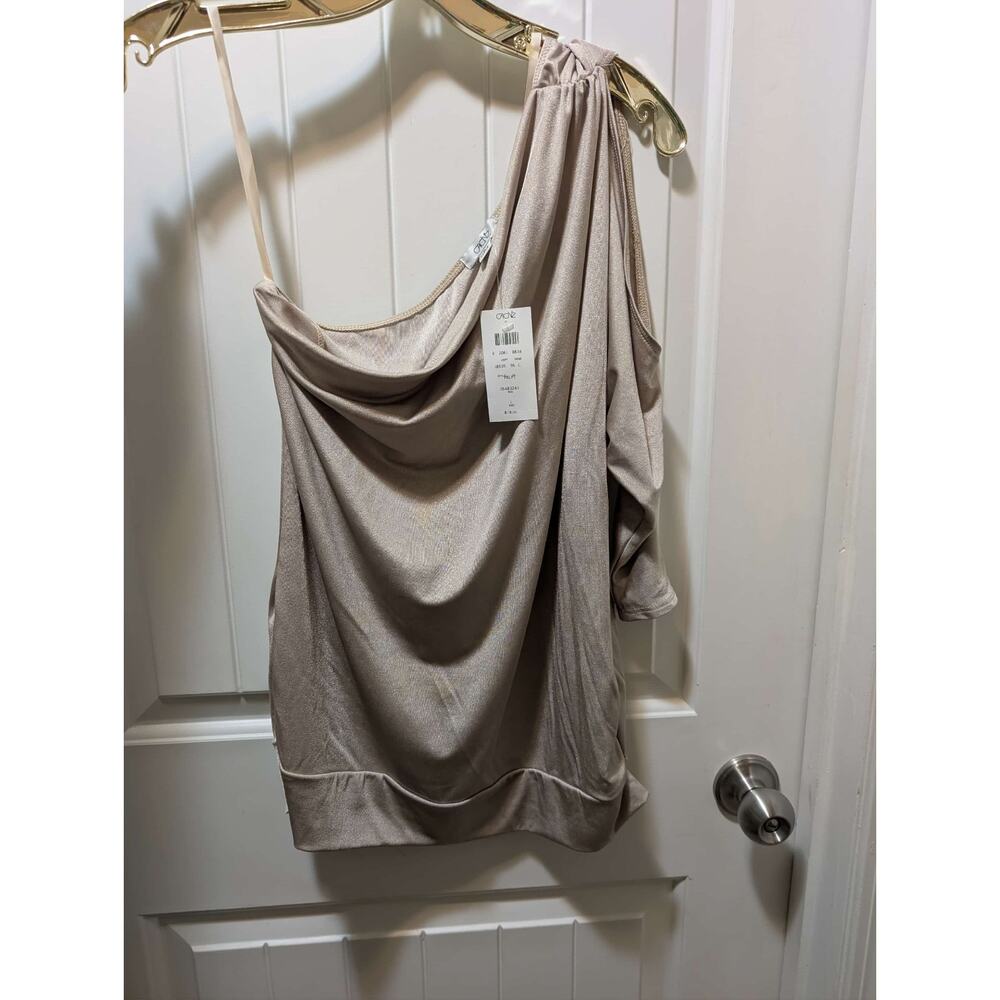 NEW! Cache Beige Gold Shimmer One Shoulder Top Blouse Women's Size L